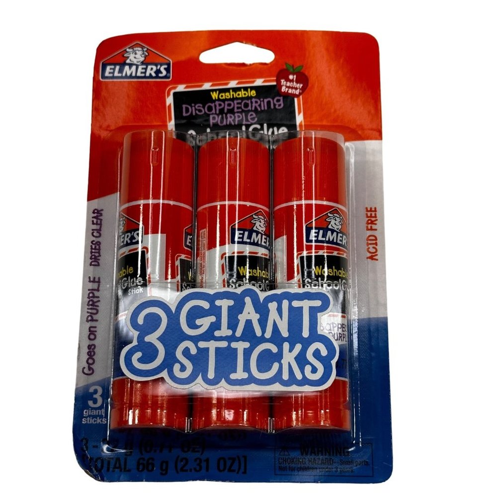 Elmer's Disappearing Purple Washable 3 Giant Glue Sticks New In Package